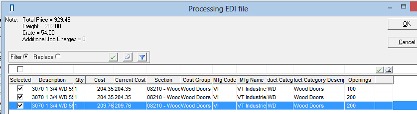 Processing EDI file window; shows the selected line items.