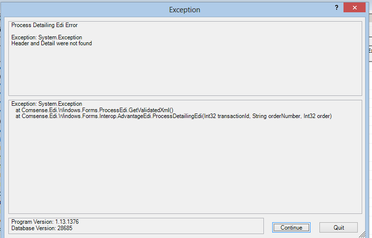 Exception window; shows the EDI error message.