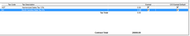 Pricing window; shows the Exampt and C/O Exempt Default columns on the tax line items.