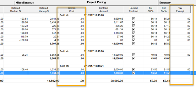Pricing window; shows the Tax On Cost column in the Project Pricing column.