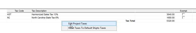 Pricing window; shows the Tax pane right-click menu and location of Edit Project Taxes.