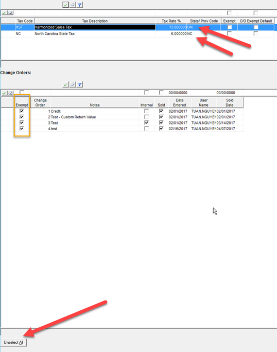 Project Pricing window; shows the Exempt column in the Change Orders pane, the tax State or Province, and the location of the Unselect All button.