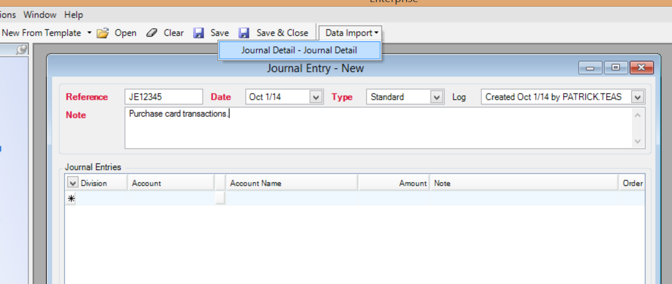 Journal Entry window; shows the Data Import drop-down menu and Journal Detail - Journal Detail.
