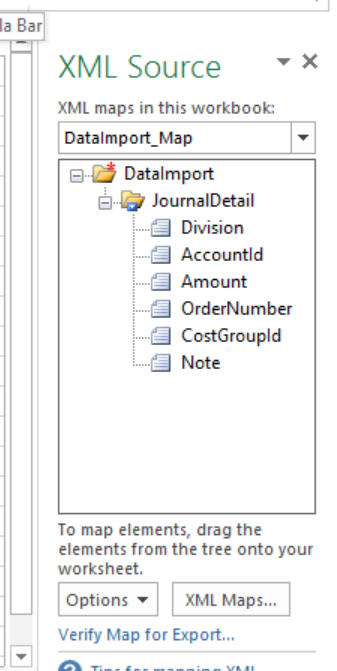 Excel; Shows the XML source pane with the data structure.