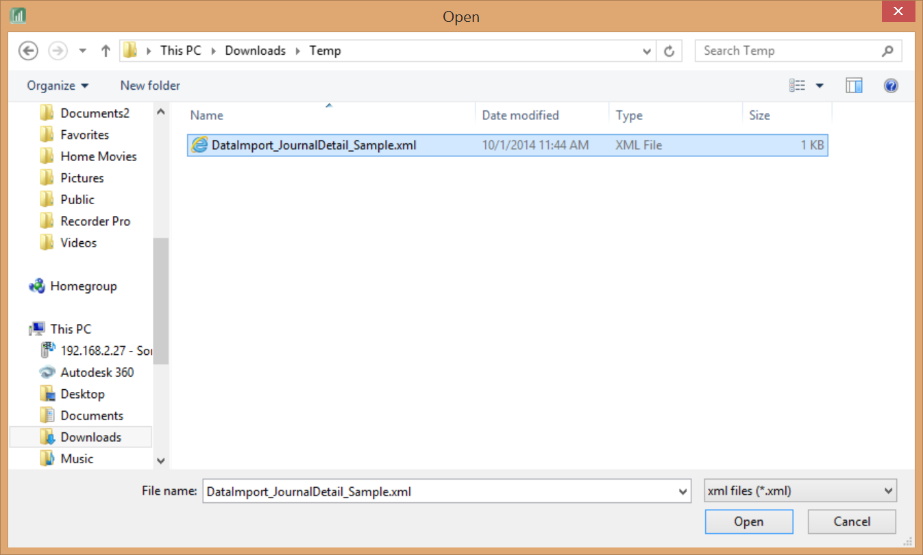 File Explorer; shows the selected data import file. 