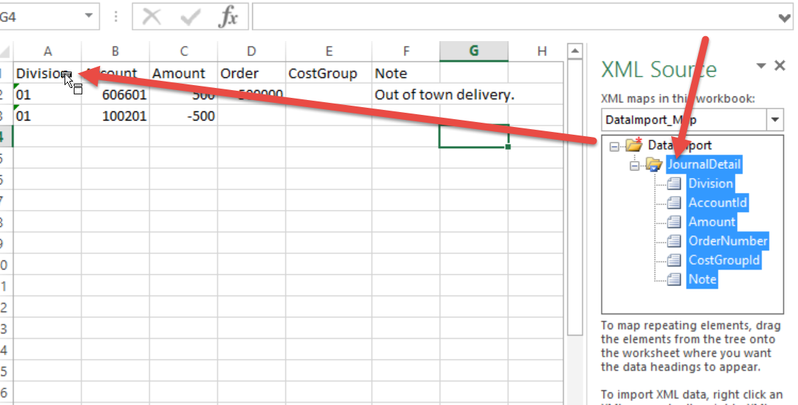 Excel; shows the Journal Detail file being dragged to the first column of the sheet.
