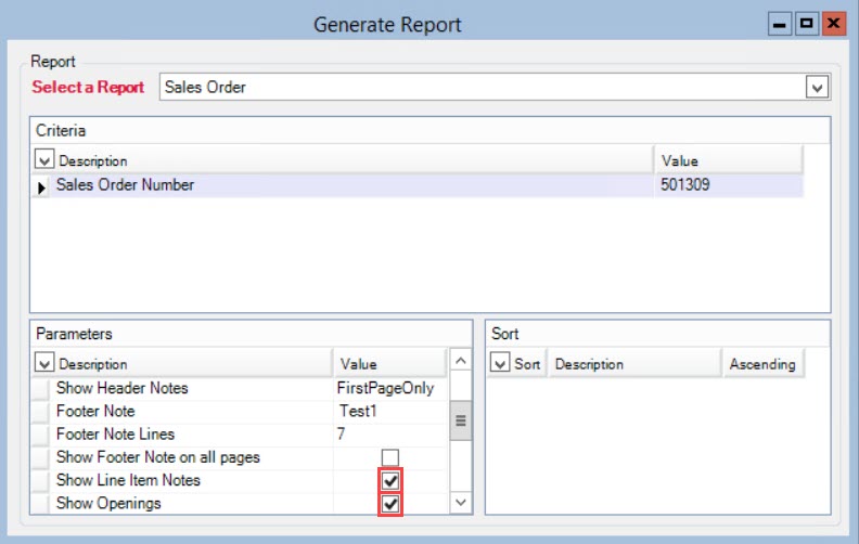 Generate Report window; shows the location of the Show Line Item Notes checkbox and Show Openings checkbox.