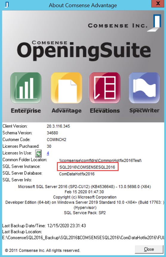 About Comsense Advantage window; shows the location of the SQL Server Instance number.
