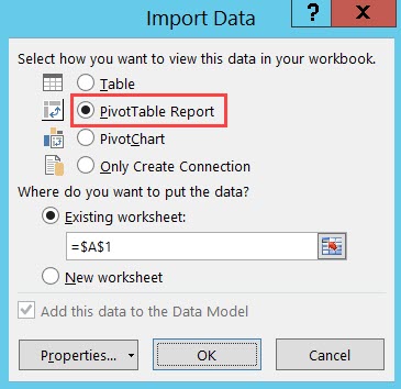 Import Data window; shows the PivotTable Report selected.