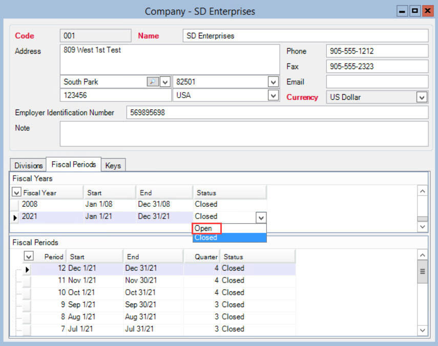 Company window; shows the fiscal period status drop-down list.