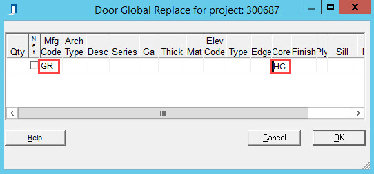Global Replace window; shows the manufacturer and new core type attribute.