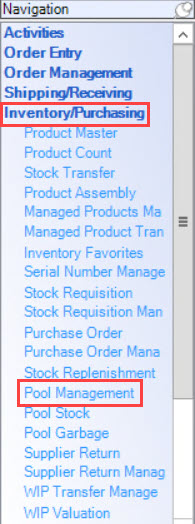 Enterprise Navigation menu; shows the location of Purchasing/Inventory and Pool Management.