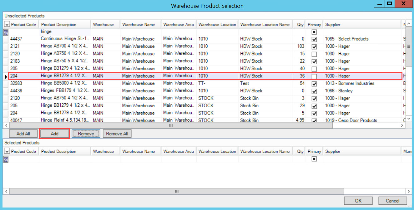 Warehouse Product Selection window; shows the managed product line item and the location of the Add button.