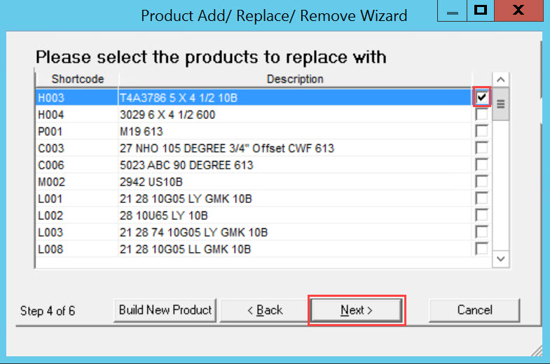 Product Change wizard, Step 4; shows a selected replacement product and the location of the Next button.