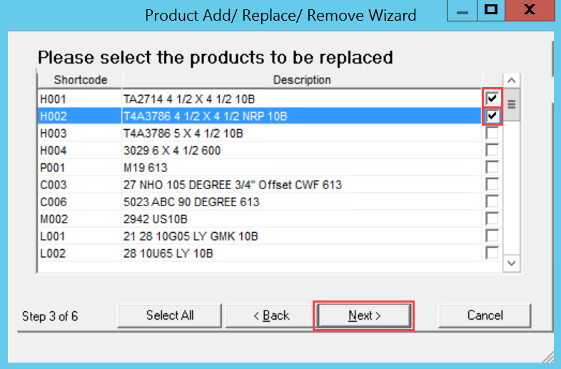 Product Change wizard, Step 3; shows two selected products to replace and the location of the Next button.