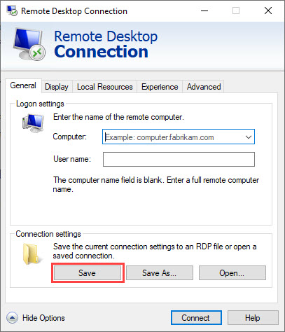 Remote Desktop Connection window, General tab; shows the location of the Save button.