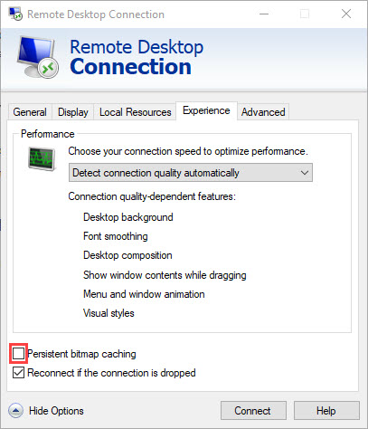 Remote Desktop Connection window, Experience tab; shows the location of the Persistent bitmap caching checkbox.