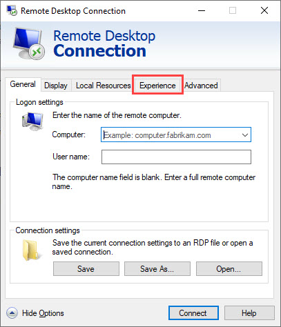 Remote Desktop Connection window; shows the location of the Experience tab.