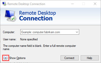 Remote Desktop Connection window; shows the location of the Show Options button.