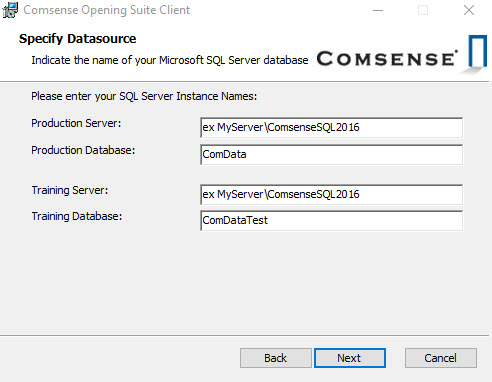 Comsense Opening Suite Client Setup window; Shows the Specify Datasource page.
