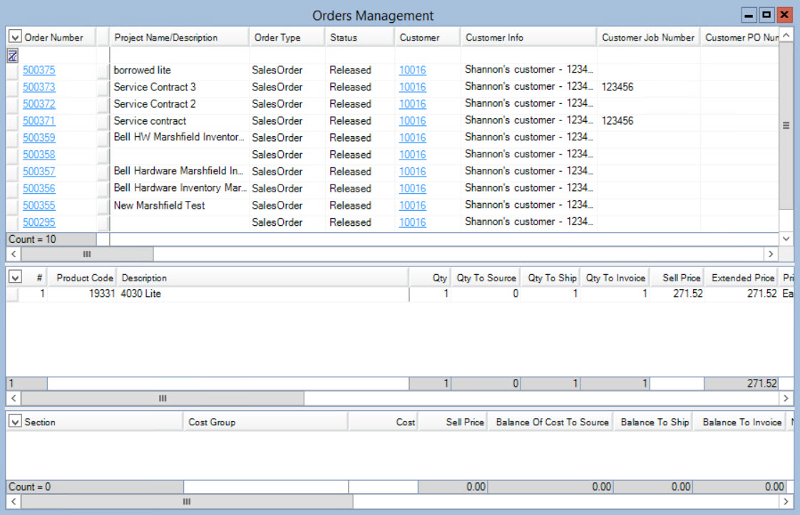 Orders Management window; shows all orders from the customer selected in the Orders Management Wizard.
