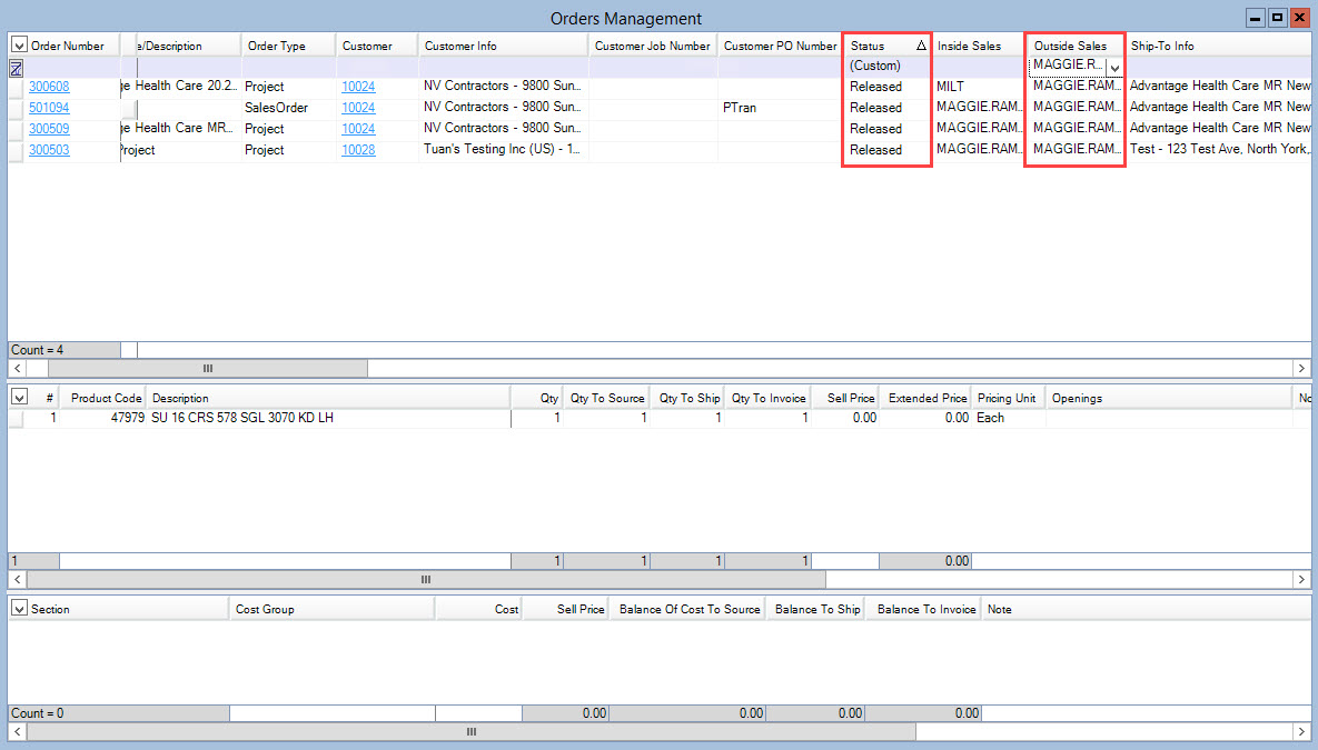 Orders Management window; shows the orders list filtered by status and outside sales.