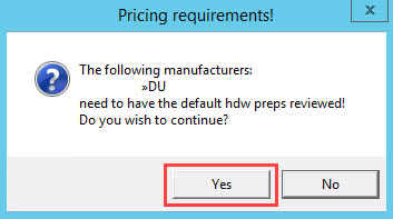 Pricing Requirements Warning; shows the location of the Yes button.