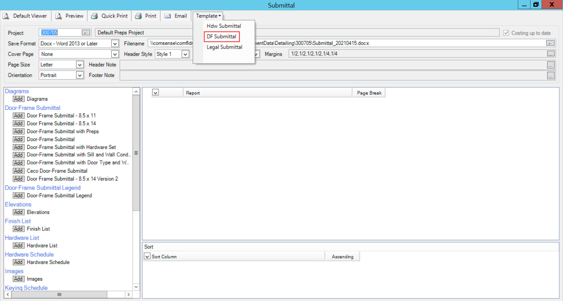Submittal window; shows the location of the Templates drop-down list.