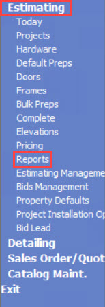 Advantage Navigation menu; shows the location of Estimating and Reports.