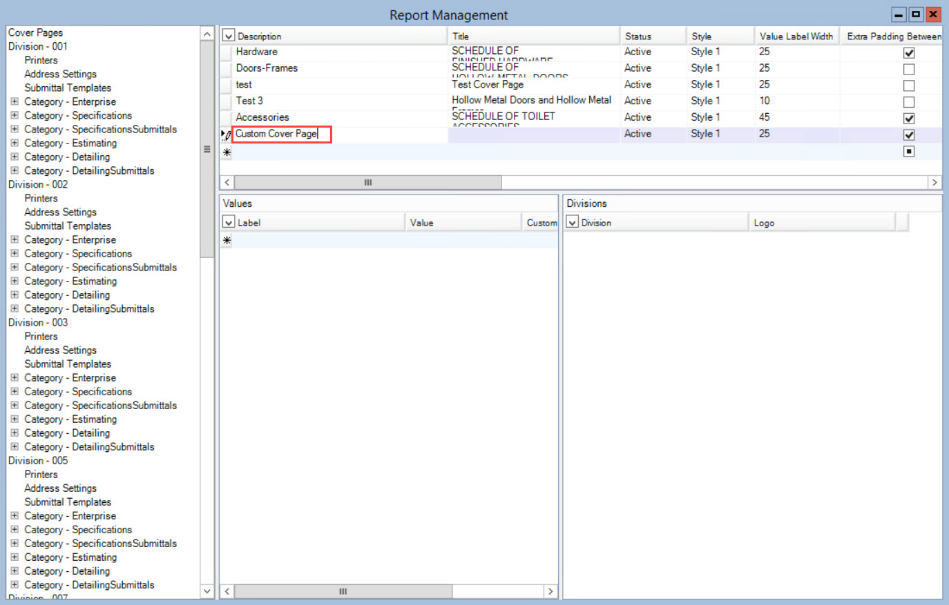 Report Management window; shows the location of the Description field and an example description.