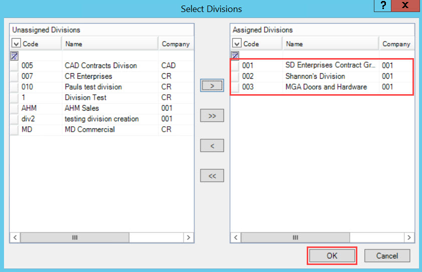 Select Divisions window; shows divisions in the Assigned Divisions pane and the location of the OK button.