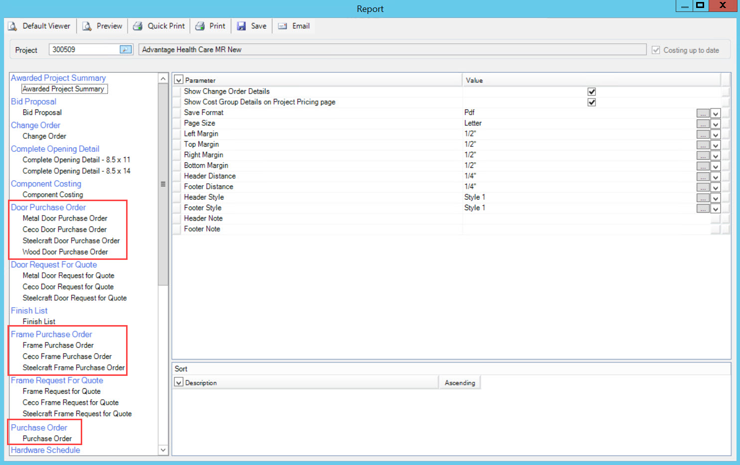 Reports window; shows the available purchase order reportsin the Available Reports pane.