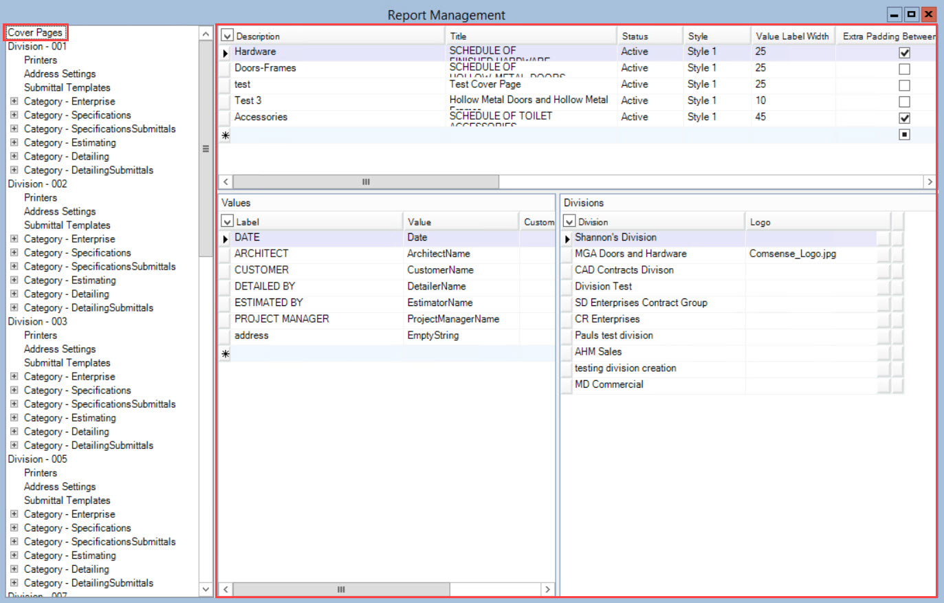 Report Management window; shows the location of Cover Pages in the Report Management menu pane and the Cover Pages page.