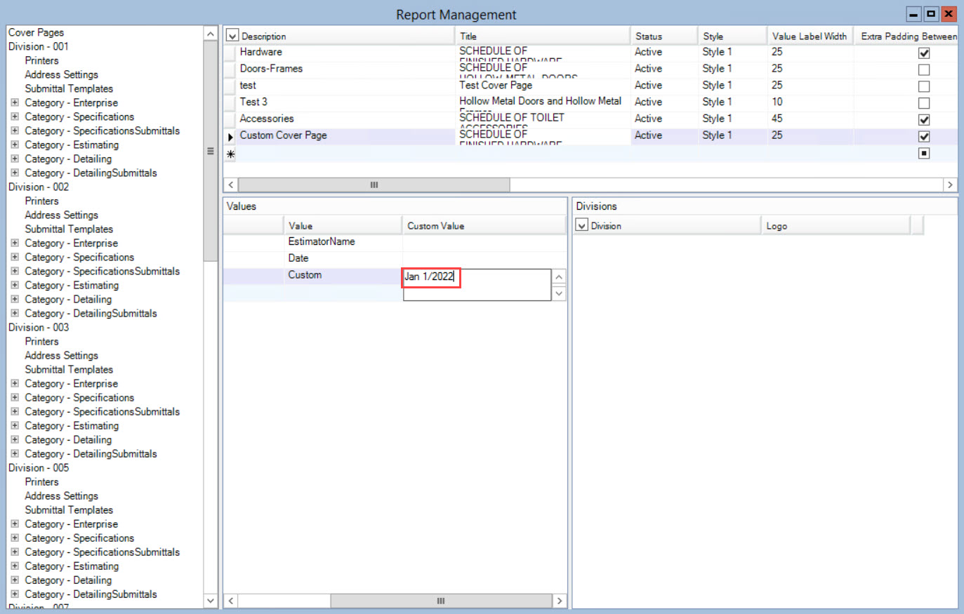 Report Management window, Values pane; shows the location of the Custom Value field and an example of a custom value.