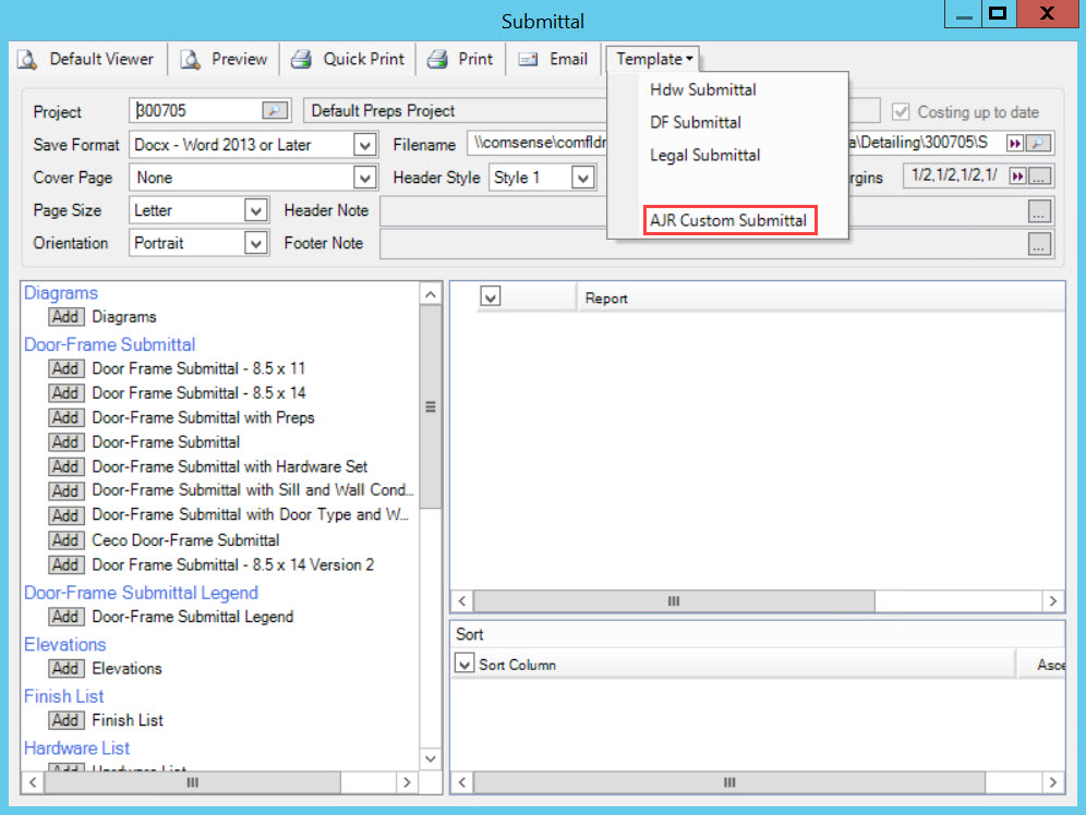 Submittal window; shows the Template drop-down list and the newly created submittal template.