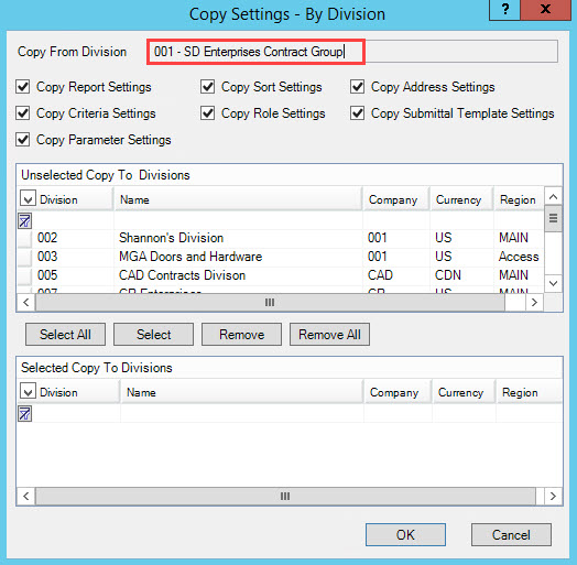 Copy Settings window; shows the location of the Copy From Division field.