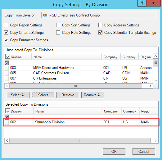 Copy Settings window; shows a division in the Selected Copy To Division pane.