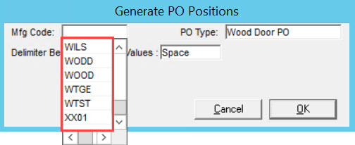 Generate PO Positions window; shows the Mfg Code field drop-down list.