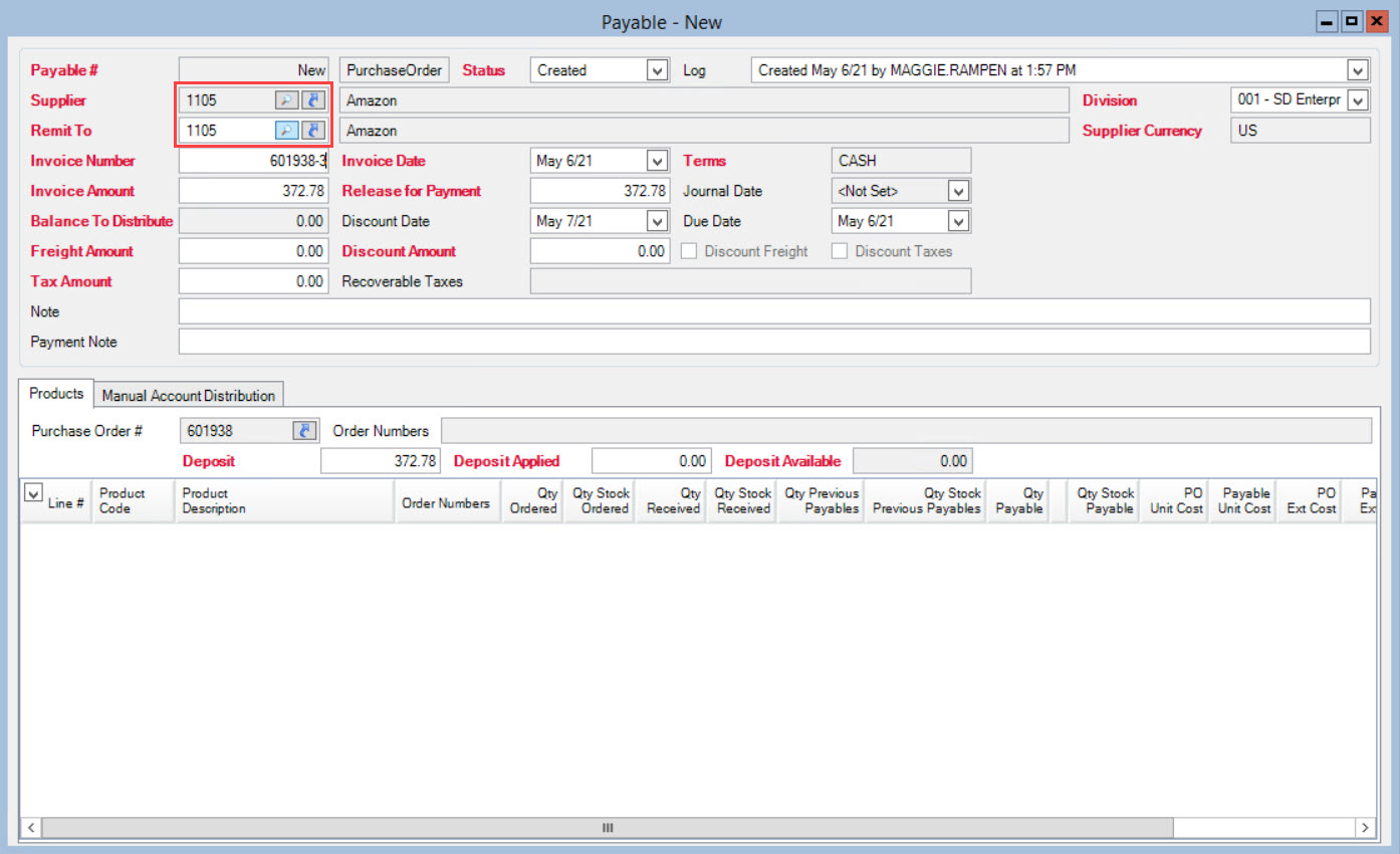 Payable window; shows a filled out payable and the Supplier and Remit to field with the correct suppliers.