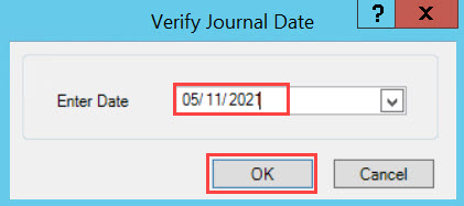 Verify Journal Date window; shows a date in the date field and the location of the OK button.