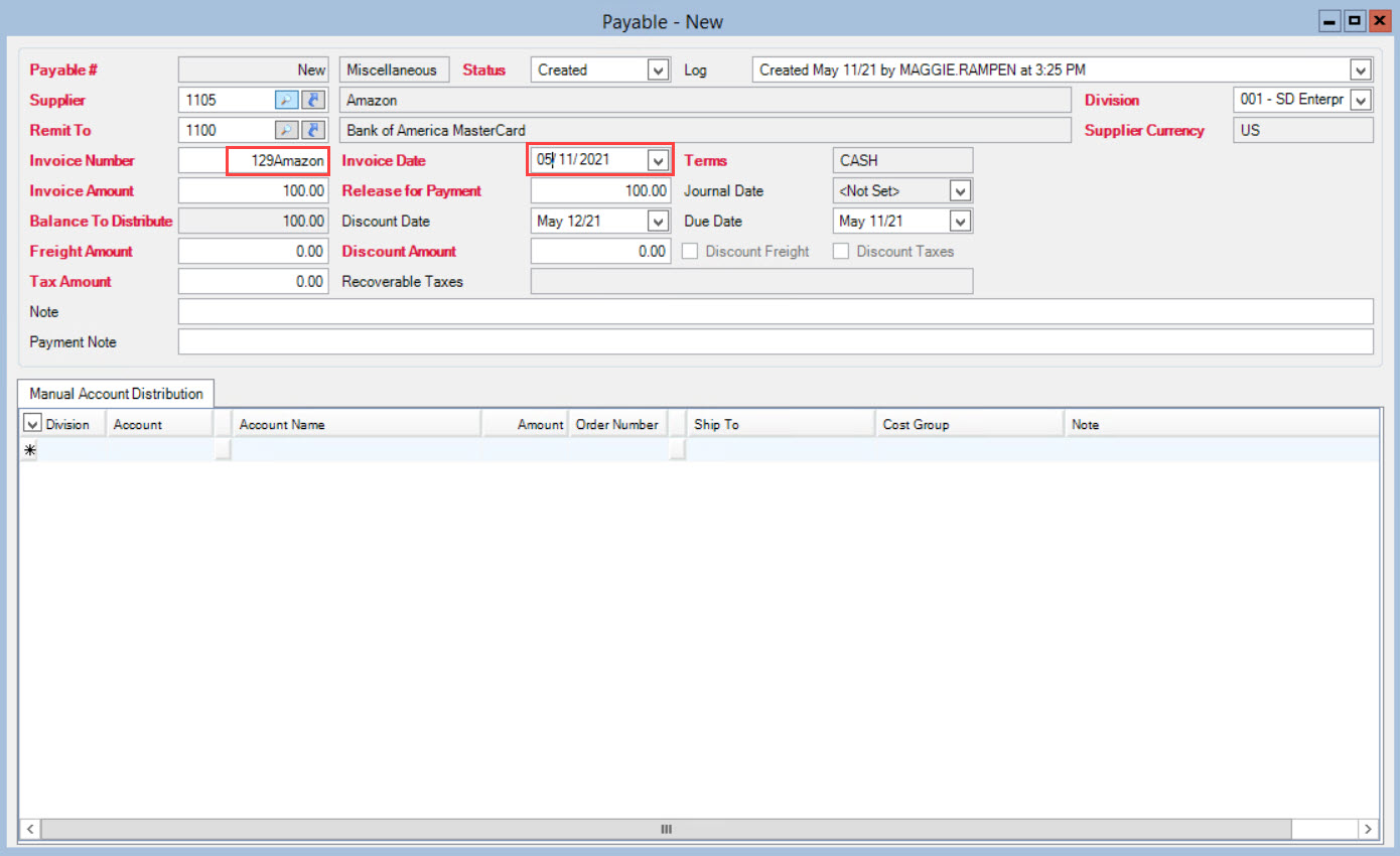 Payable window; shows the location of the Invoice Number field and Invoice Date field.
