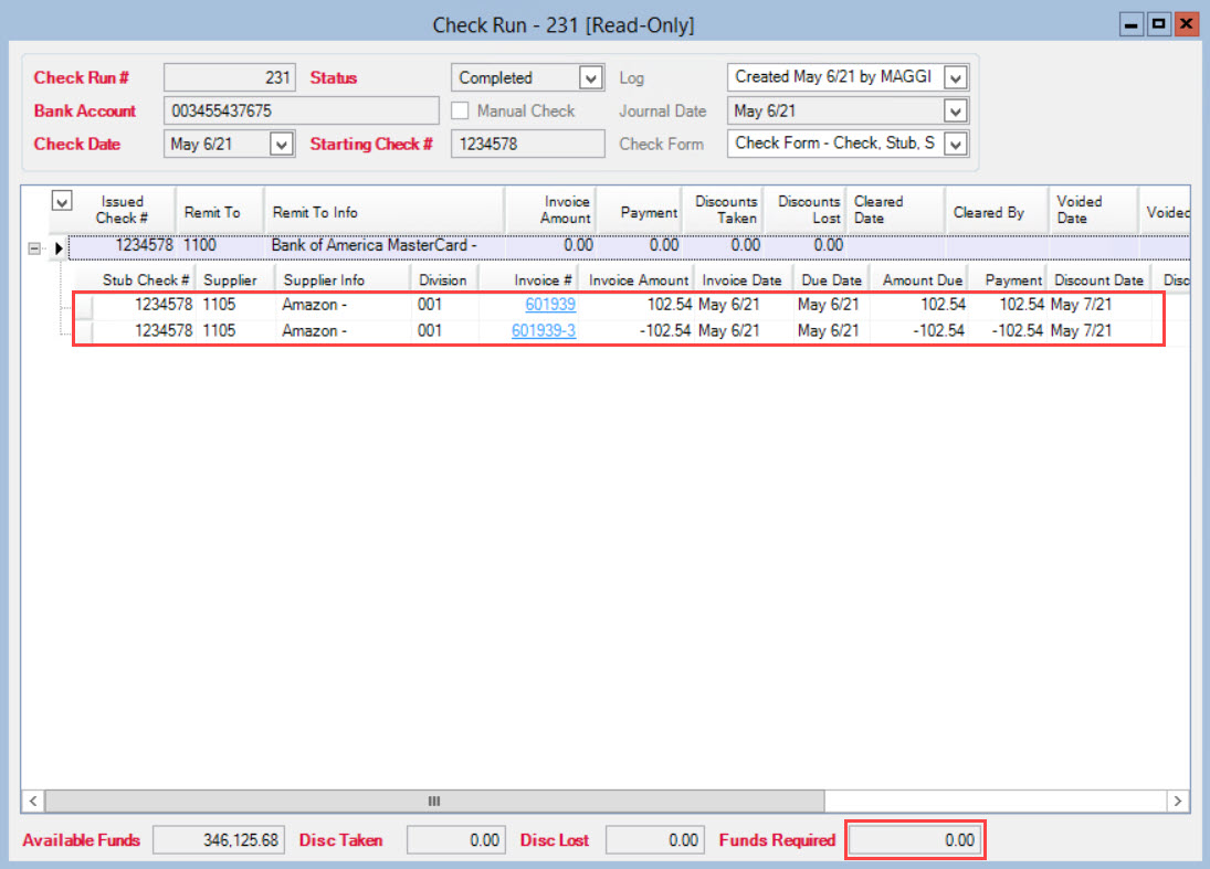 Check Run window; shows the original payable and new payable with a negative value in the check run line items.