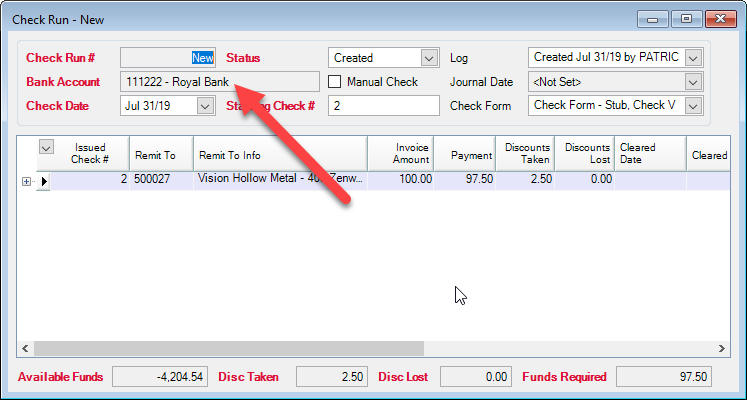 Check Run window; shows the Bank Account field.