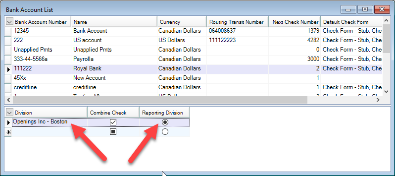 Bank Account List window; shows the Division selected as a Reporting Division.