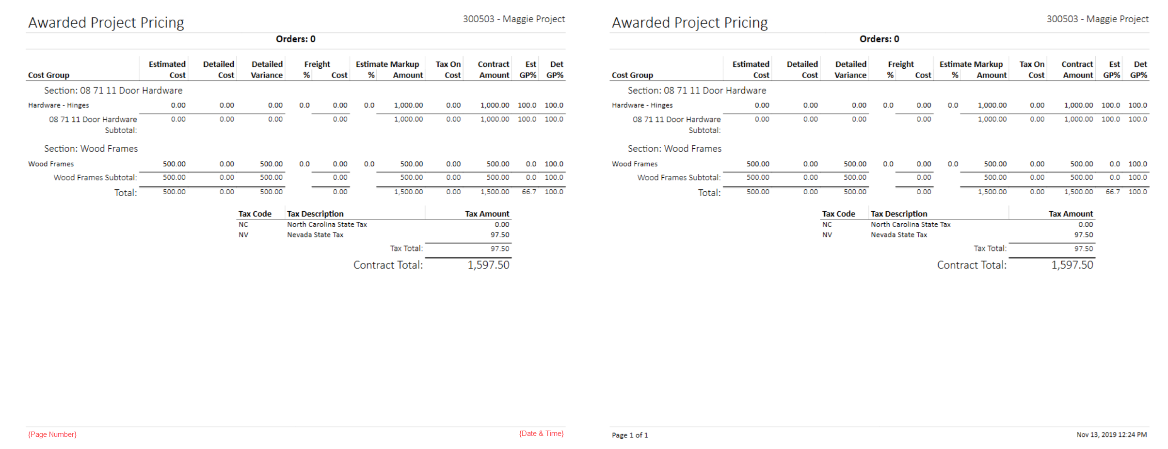 Reports footer style one showing page number on left footer and date and time on right footer