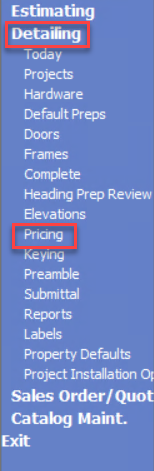 Advantage Navigation menu showing where to access Detailing and the Pricing window.