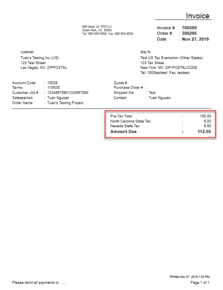 Example of new invoice including tax.