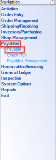 Enterprise left-hand navigation menu showing the location of payables.
