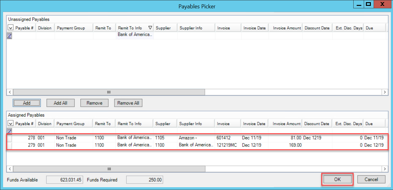 Payable Picker window; shows the location of assigned payables and OK button.