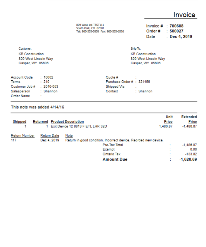 Example of Completed Customer Return Invoice.